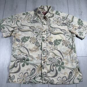 Vintage RJC Hawaiian Shirt Mens Large Green White Floral Print Made In USA 90s